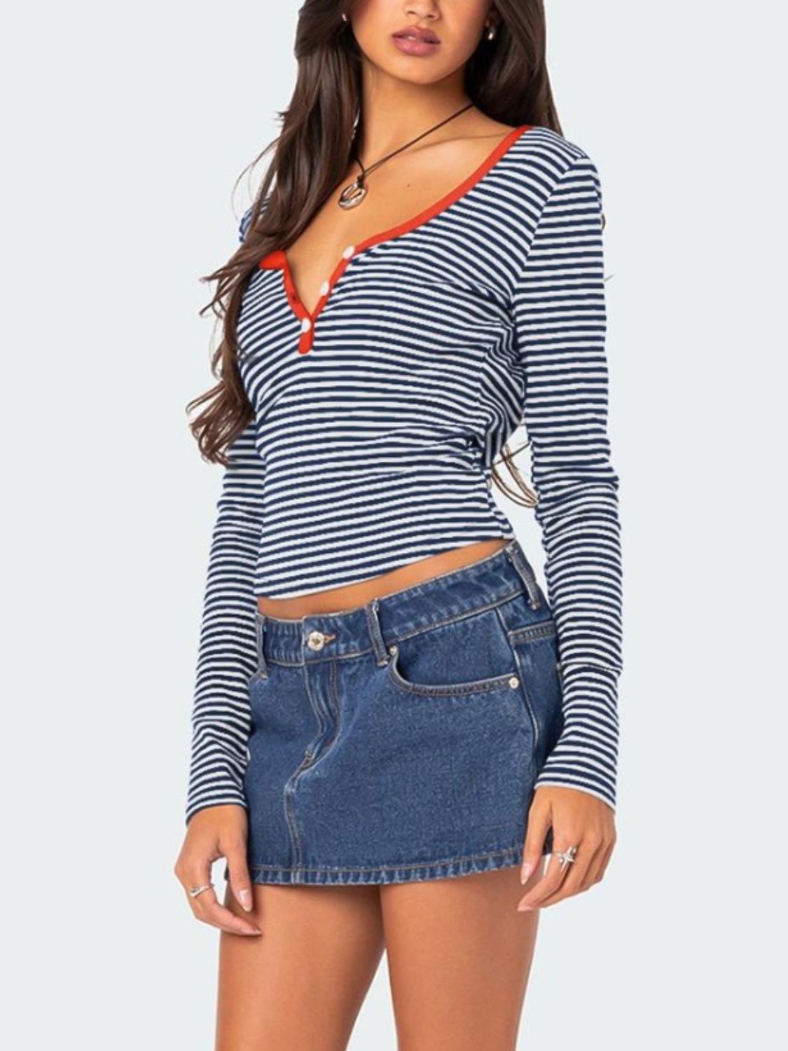 Buttoned Striped Long Sleeve T-Shirt-TOPS / DRESSES-[Adult]-[Female]-2022 Online Blue Zone Planet