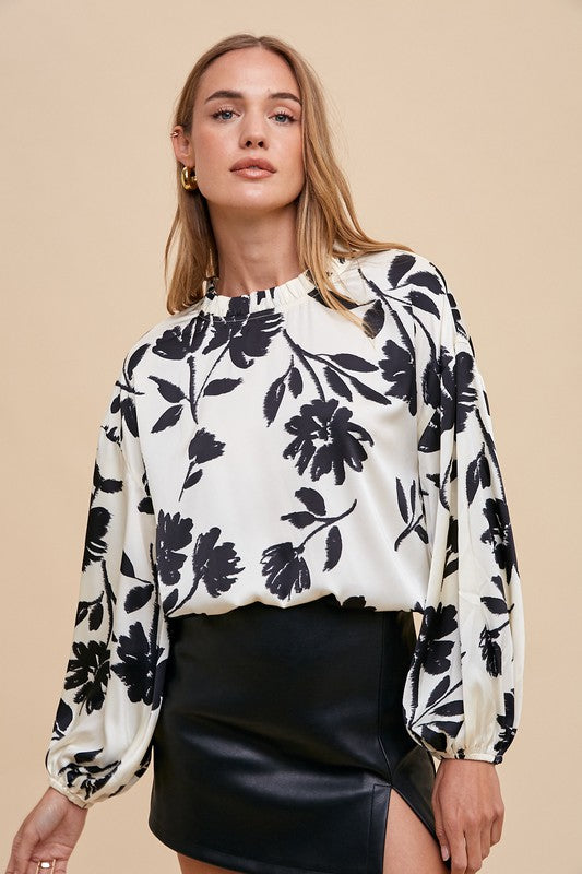 Annie Wear Frill Printed Balloon Sleeve Blouse-TOPS / DRESSES-[Adult]-[Female]-2022 Online Blue Zone Planet