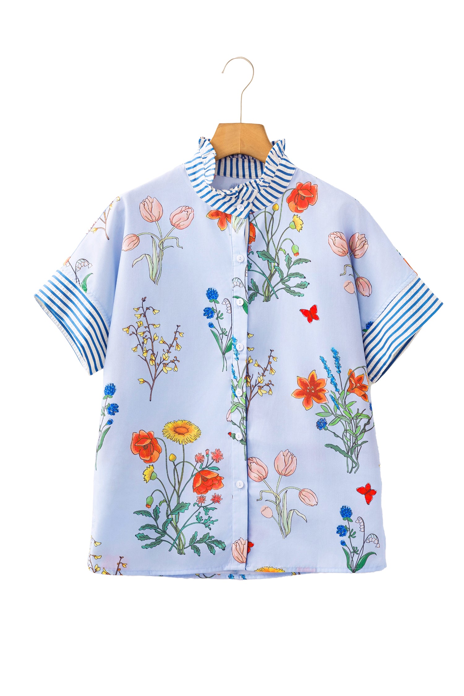 Beige Floral Striped Patchwork Ruffled Collar Short Sleeve Shirt-Tops/Blouses & Shirts-[Adult]-[Female]-2022 Online Blue Zone Planet