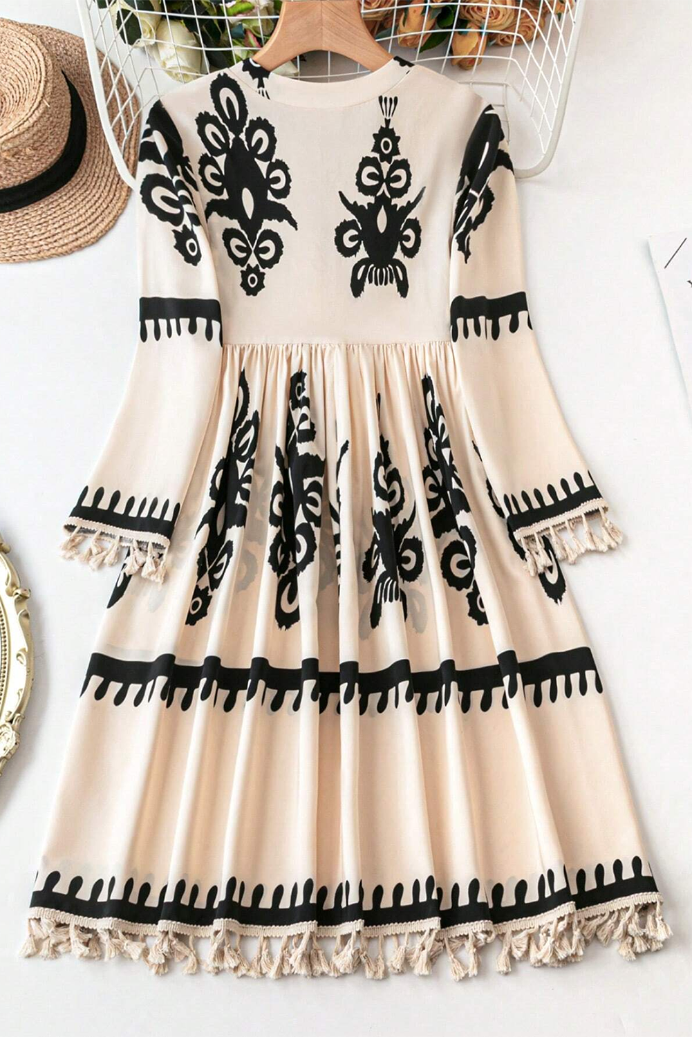 Beige Western Pattern Print Tasseled Notch V Neck Mini Dress - Sunny Angela Beige / S Beige Western Pattern Print Tasseled Notch V Neck Mini Dress - Sunny Angela Beige / S