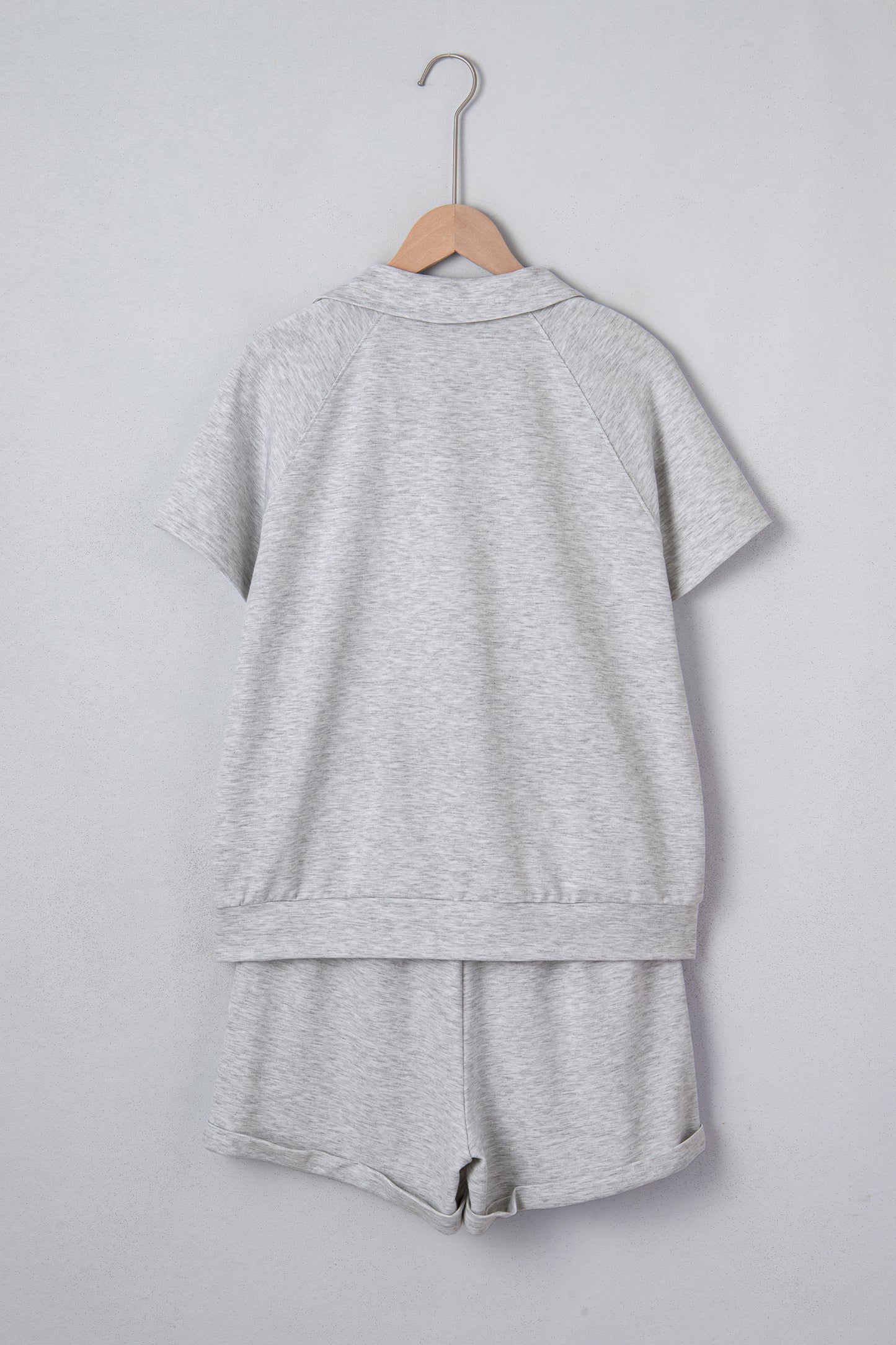 Light Grey Collared V Neck Tee Drawstring Elastic Waist Shorts 2pcs Outfit-Two Piece Sets/Short Sets-[Adult]-[Female]-2022 Online Blue Zone Planet