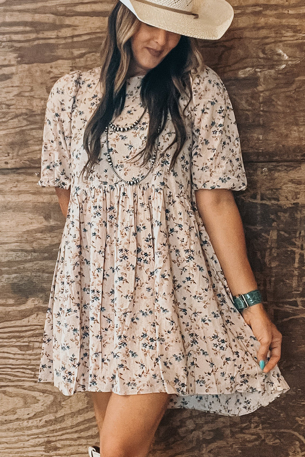 Beige Floral Puff Short Sleeve Empire Waist Mini Dress-TOPS / DRESSES-[Adult]-[Female]-2022 Online Blue Zone Planet