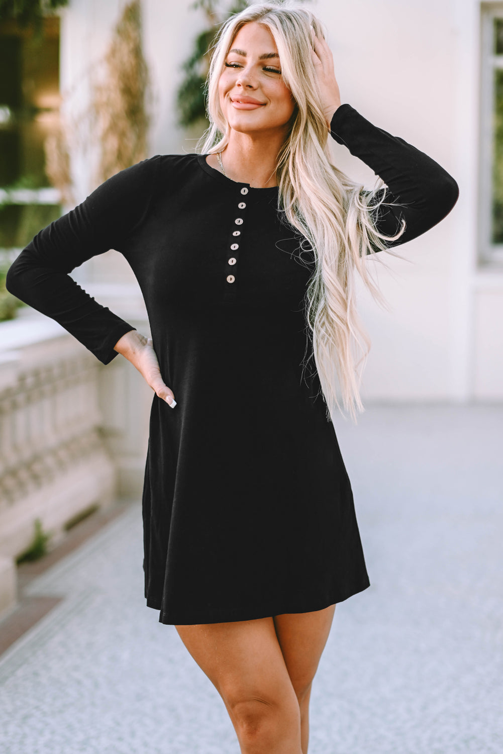 Blue Zone Planet | Black Solid Long Sleeve Henley Dress-TOPS / DRESSES-[Adult]-[Female]-2022 Online Blue Zone Planet