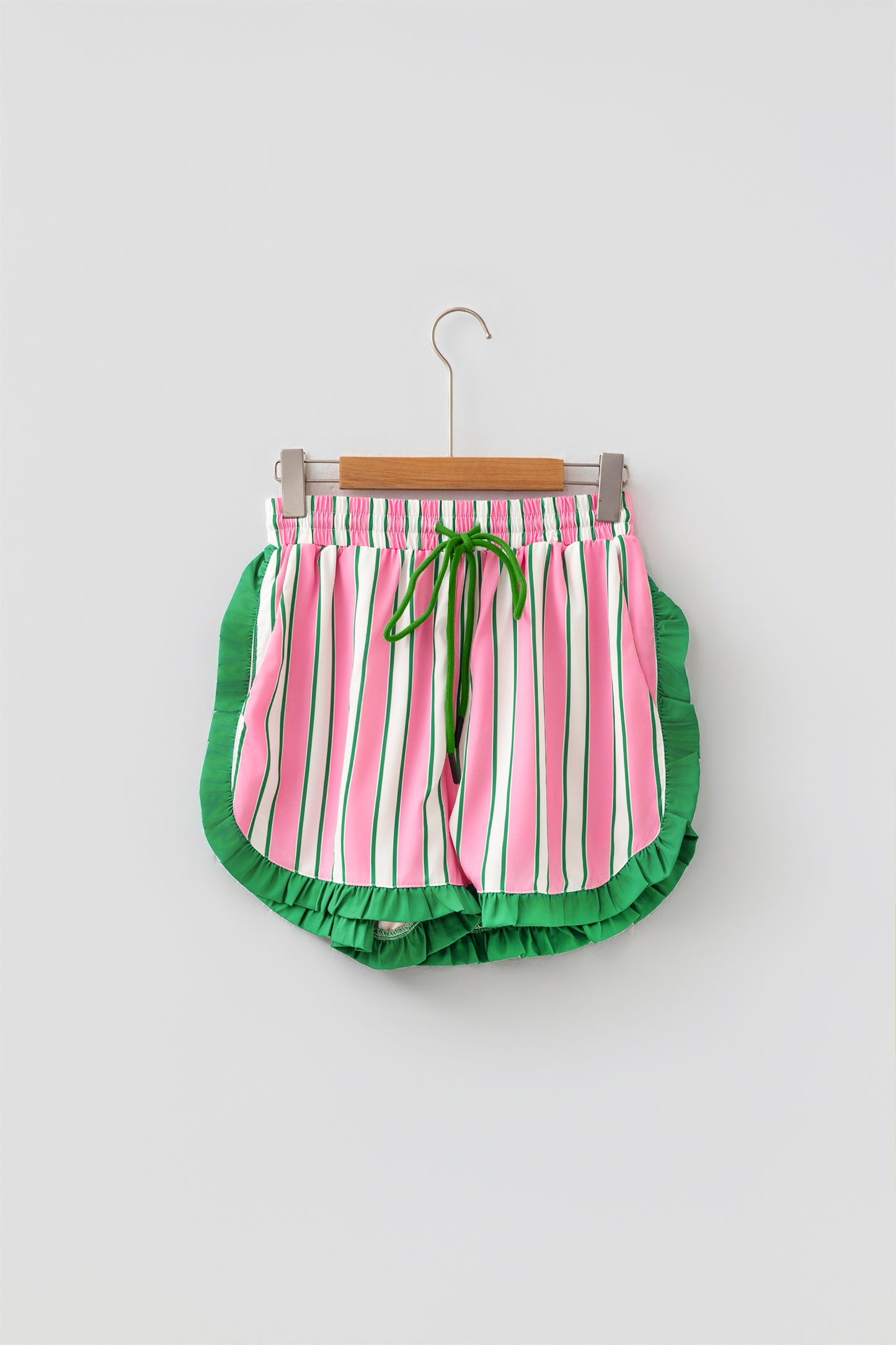 Pink Stripe Contrast Ruffle Trim Shorts-Bottoms/Casual Shorts-[Adult]-[Female]-2022 Online Blue Zone Planet