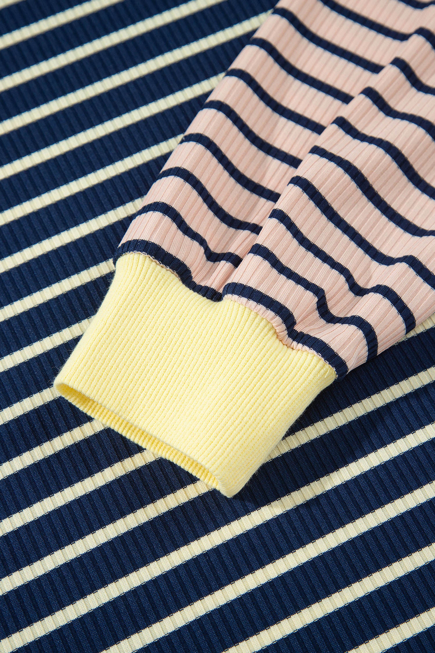 Blue Stripe Color Block Long Sleeve Pullover Ribbed Knit Casual Shorts Set-Two Piece Sets/Short Sets-[Adult]-[Female]-2022 Online Blue Zone Planet