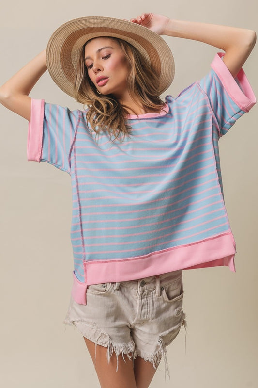 BiBi Exposed Seam Stripe Contrast T-Shirt-TOPS / DRESSES-[Adult]-[Female]-Lt Blue/Blush-S-2022 Online Blue Zone Planet