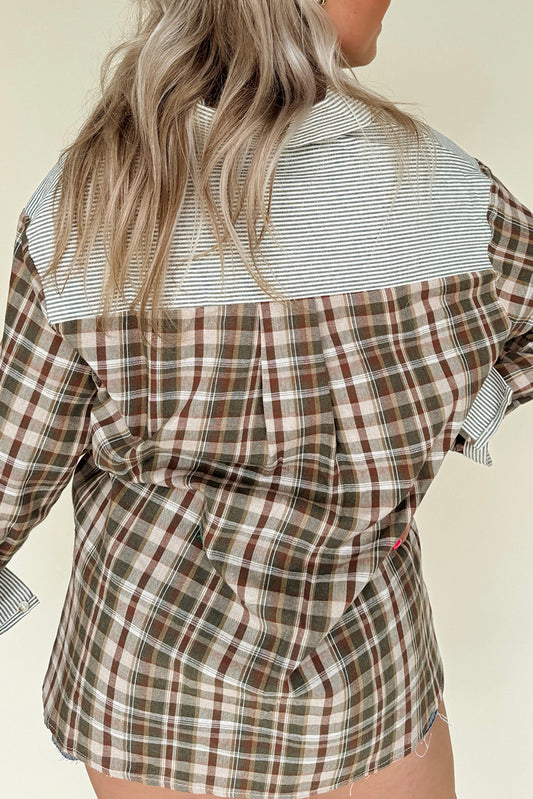 Brown Plaid Print Striped Patchwork Single Chest Pocket Buttoned Shirt-Tops/Blouses & Shirts-[Adult]-[Female]-2022 Online Blue Zone Planet