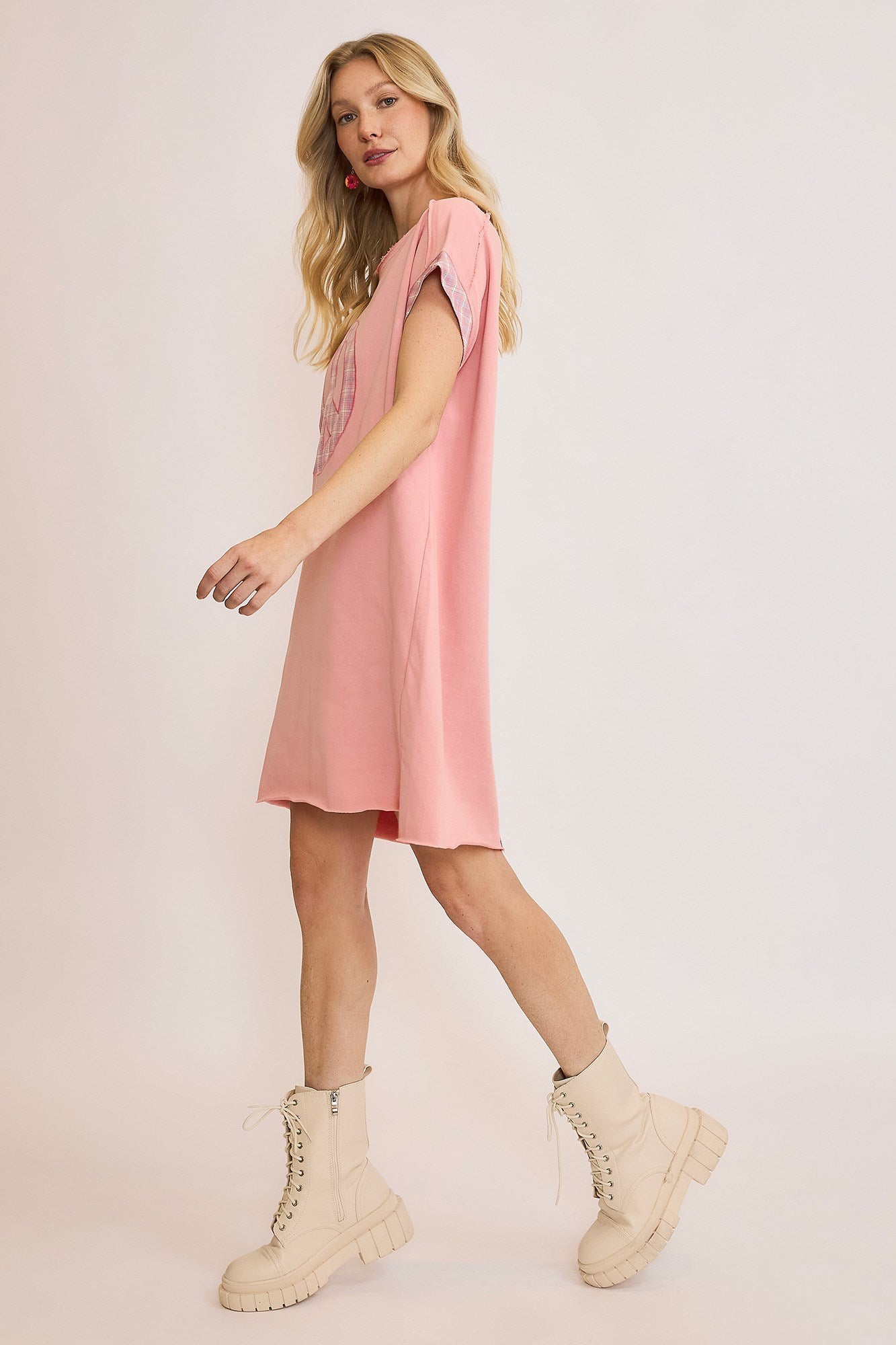 Umgee Peace Plaid Applique Short Sleeve Mini Dress-TOPS / DRESSES-[Adult]-[Female]-2022 Online Blue Zone Planet