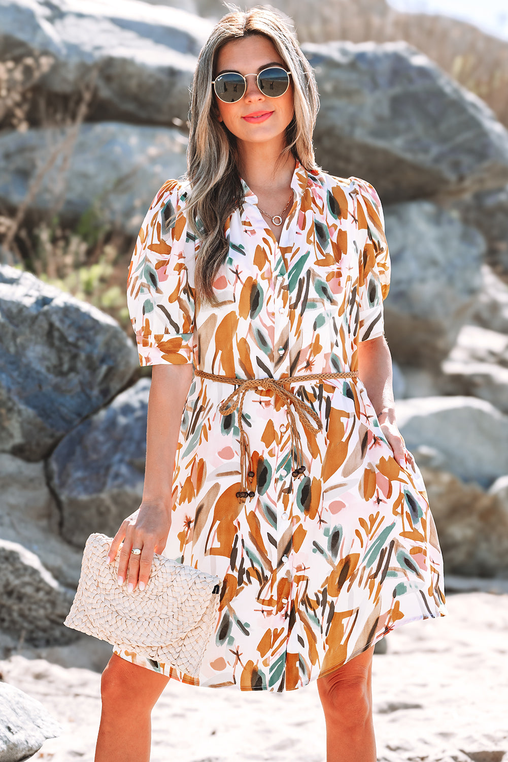 Brown Abstract Printed Puff Sleeve Button Up Braided Belt Mini Dress-Dresses/Mini Dresses-[Adult]-[Female]-2022 Online Blue Zone Planet