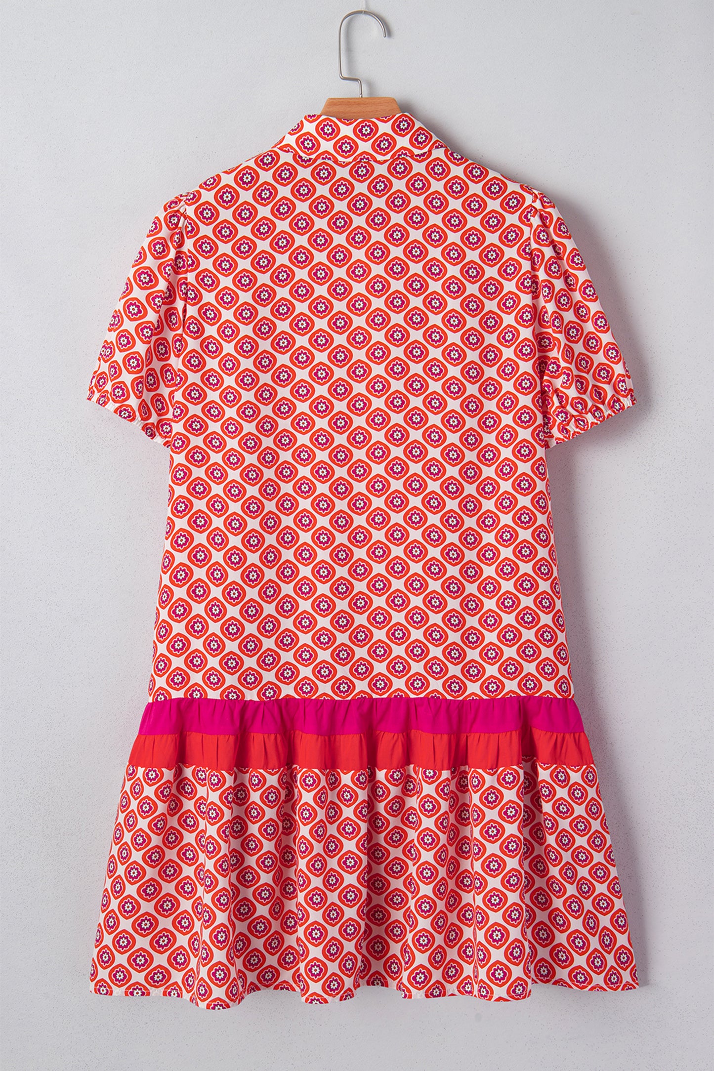 Orange Geometric Floral Print Color Block Trim Button Front Ruffle Hem Dress-TOPS / DRESSES-[Adult]-[Female]-2022 Online Blue Zone Planet