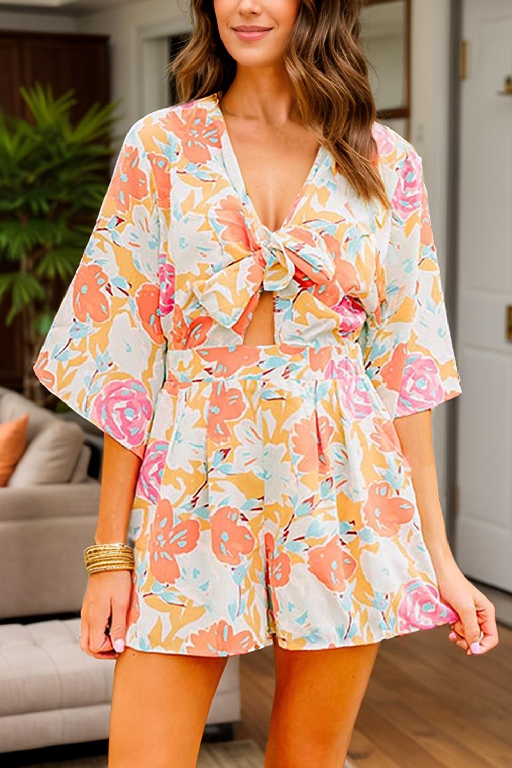 Tied Printed Half Sleeve Romper-TOPS / DRESSES-[Adult]-[Female]-Tangerine-S-2022 Online Blue Zone Planet