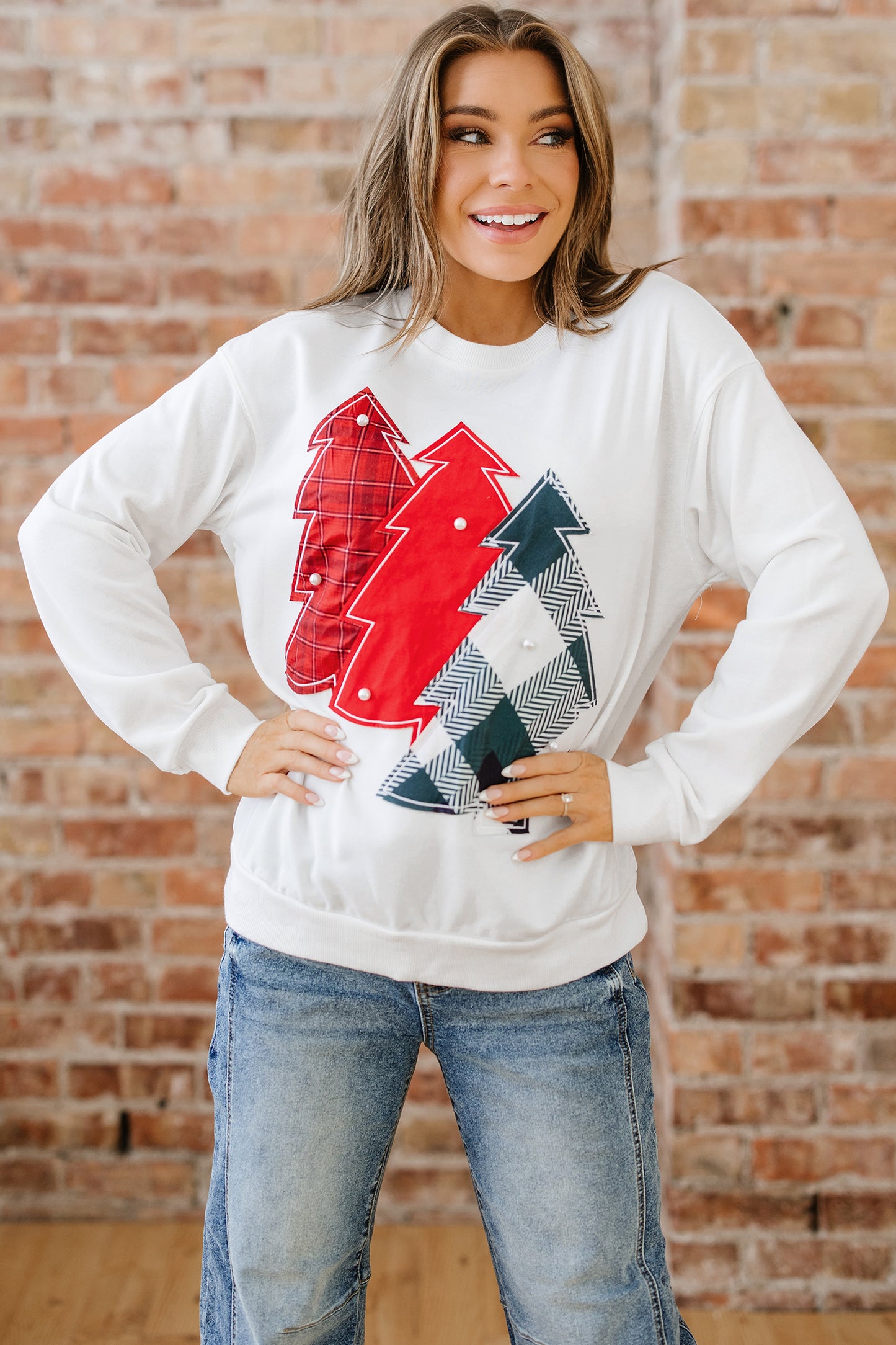 White Pearl Plaid Christmas Tree Patched Drop Shoulder Sweatshirt-Tops/Sweatshirts & Hoodies-[Adult]-[Female]-2022 Online Blue Zone Planet
