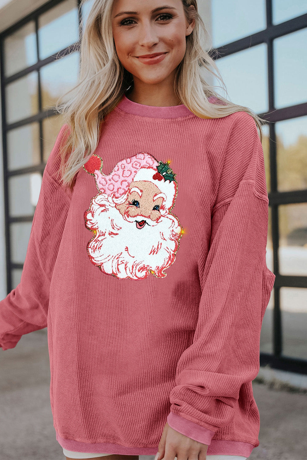 Strawberry Pink Santa Claus Sparkle Corded Crew Neck Sweatshirt-Graphic/Graphic Sweatshirts-[Adult]-[Female]-2022 Online Blue Zone Planet