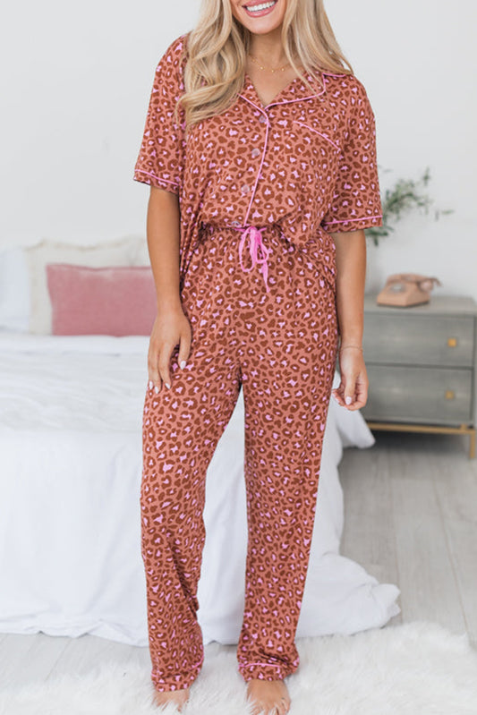 Blue Zone Planet | Brown Leopard Print Short Sleeve Shirt and Pants Pajamas Set-Loungewear & Sleepwear/Sleepwear-[Adult]-[Female]-Brown-S-2022 Online Blue Zone Planet