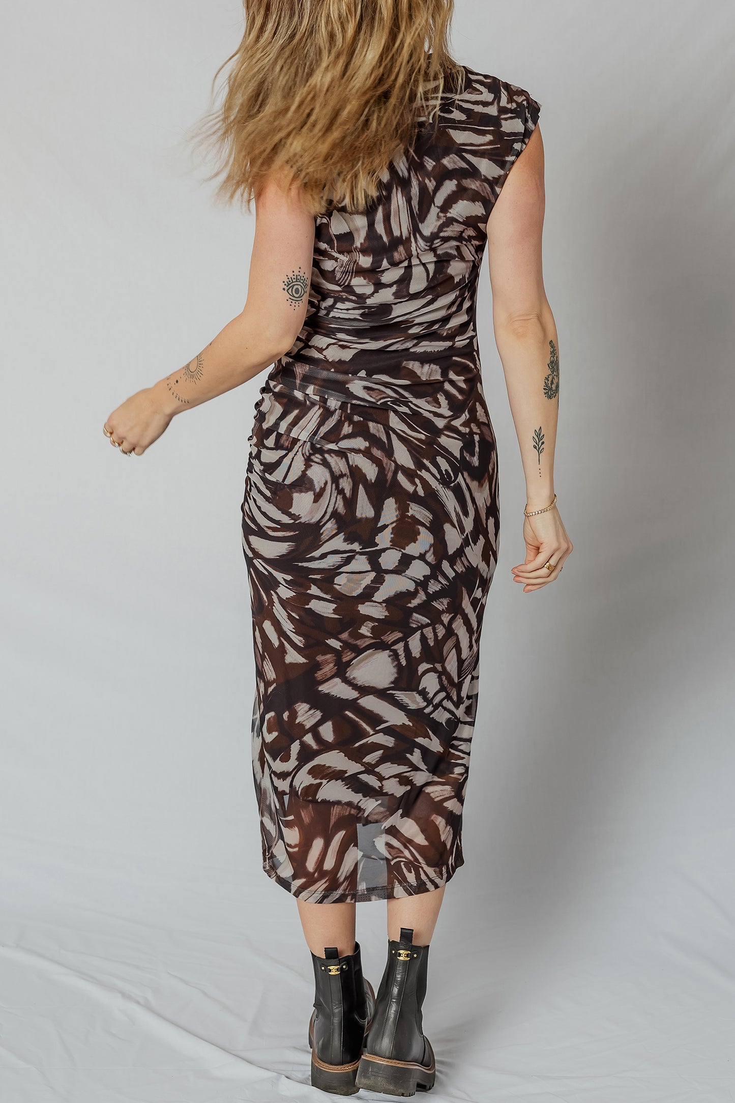 Brown Abstract Print Mesh Cowl Neck Cap Sleeve Ruched Midi Dress with Slit-TOPS / DRESSES-[Adult]-[Female]-2022 Online Blue Zone Planet