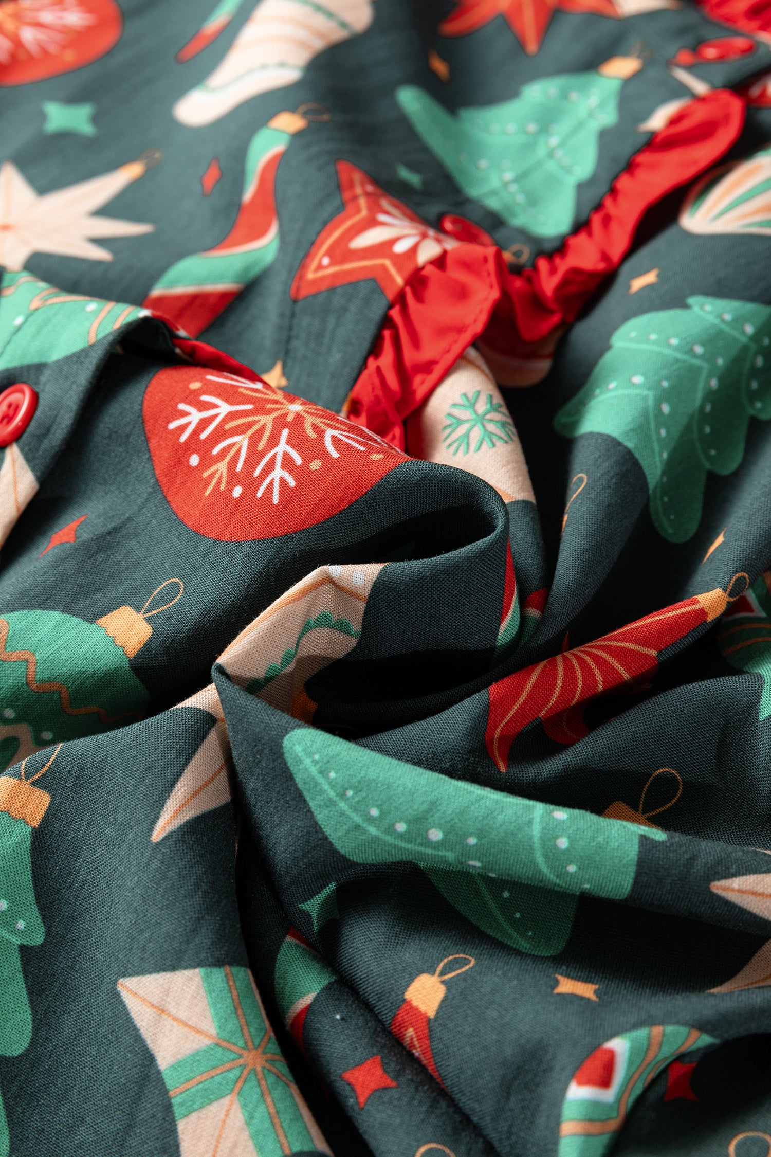 Green Christmas Fashion Print Contrast Trim Frilled Neck Short Sleeve Blouse-Tops/Blouses & Shirts-[Adult]-[Female]-2022 Online Blue Zone Planet