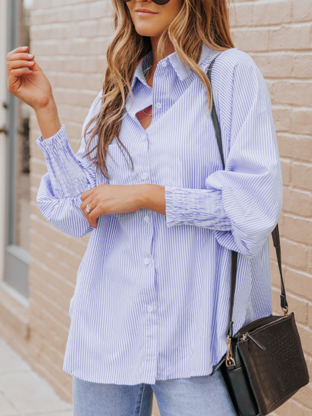 Striped Collared Neck Lantern Sleeve Shirt-TOPS / DRESSES-[Adult]-[Female]-2022 Online Blue Zone Planet