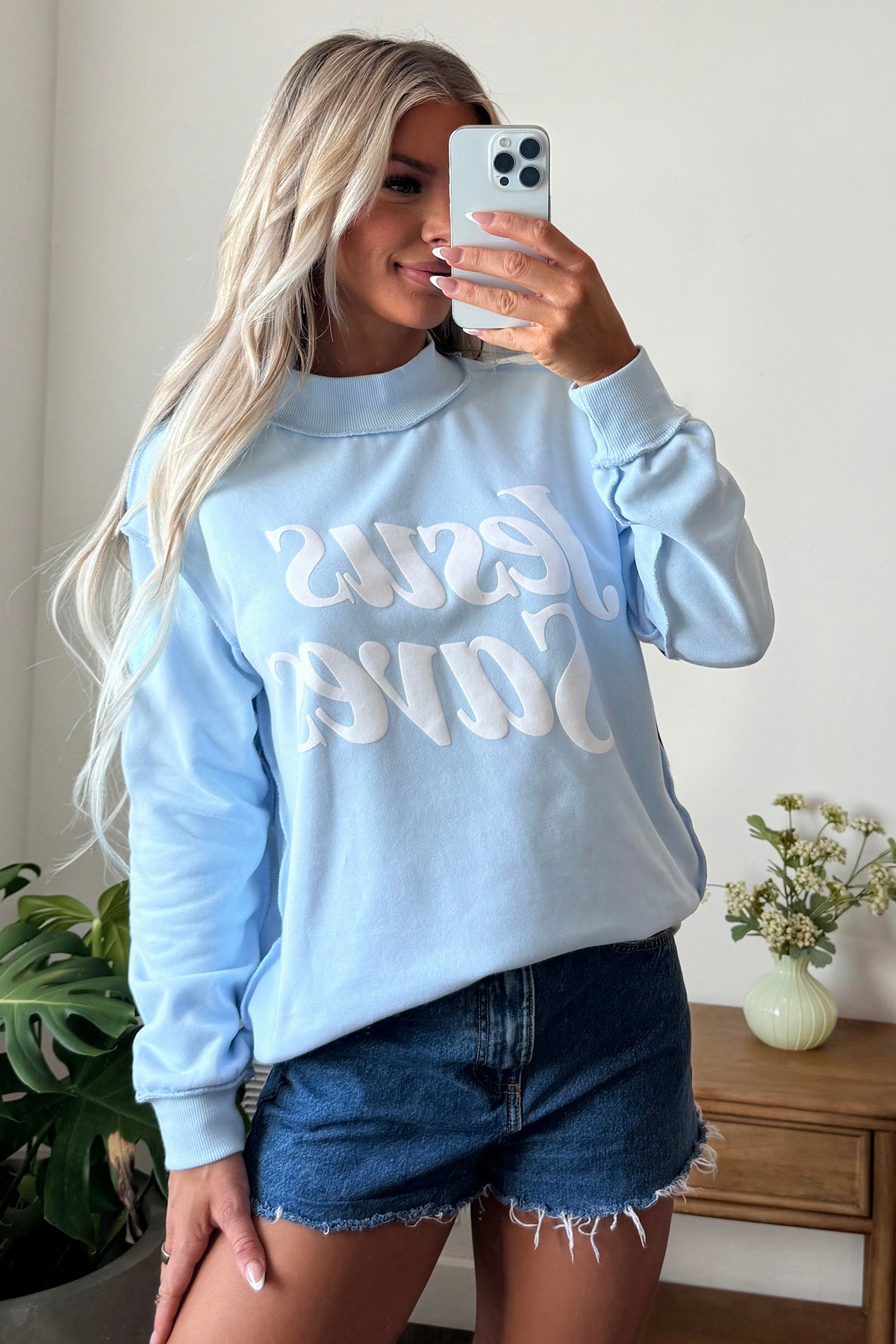 Mist Blue Jesus Saves Slogan Print Stand Neck Baggy Sweatshirt-Tops/Sweatshirts & Hoodies-[Adult]-[Female]-2022 Online Blue Zone Planet