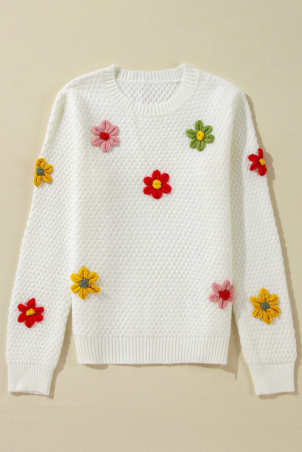 Crochet Flower Round Neck Sweater-TOPS / DRESSES-[Adult]-[Female]-2022 Online Blue Zone Planet