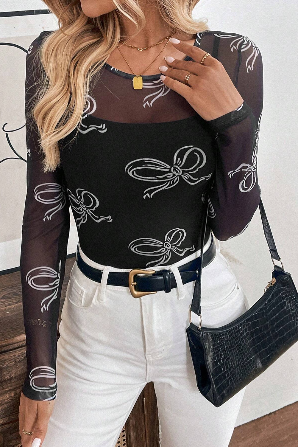 Black Round Neck Bow Print Long Sleeve Mesh Top-Tops/Long Sleeve Tops-[Adult]-[Female]-2022 Online Blue Zone Planet