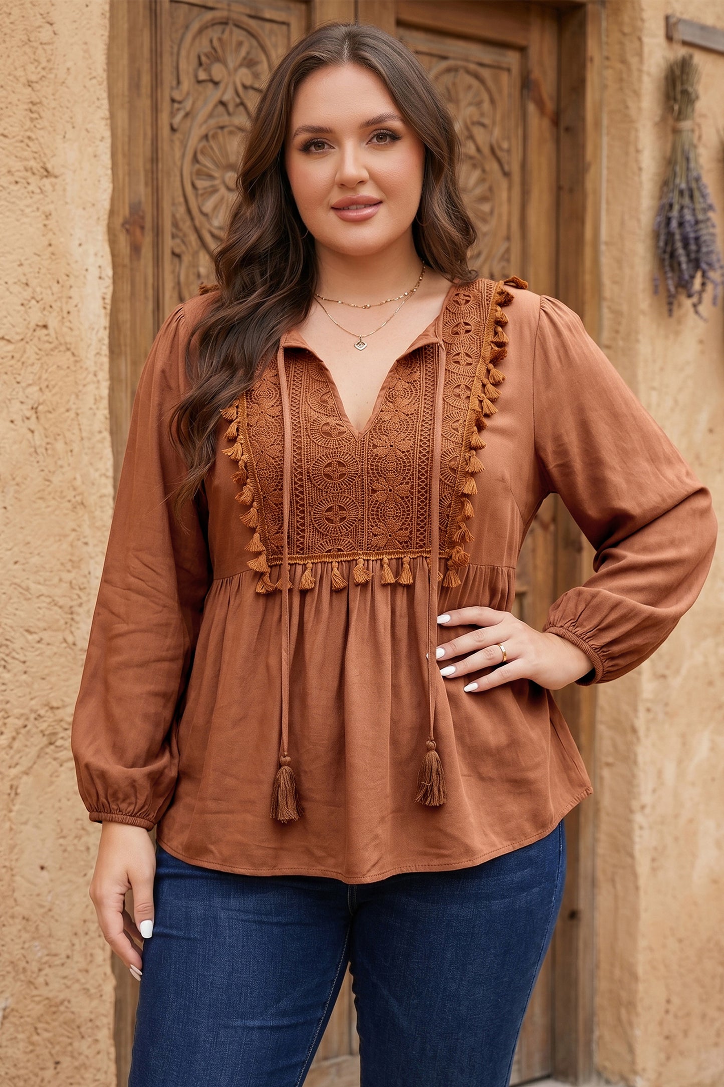 Chestnut Boho V Neck Embroidered Tassel Long Sleeve Plus Size Blouse