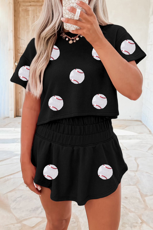 Black Baseball Print Skort Set-Graphic/Graphic Sets-[Adult]-[Female]-Black-S-2022 Online Blue Zone Planet