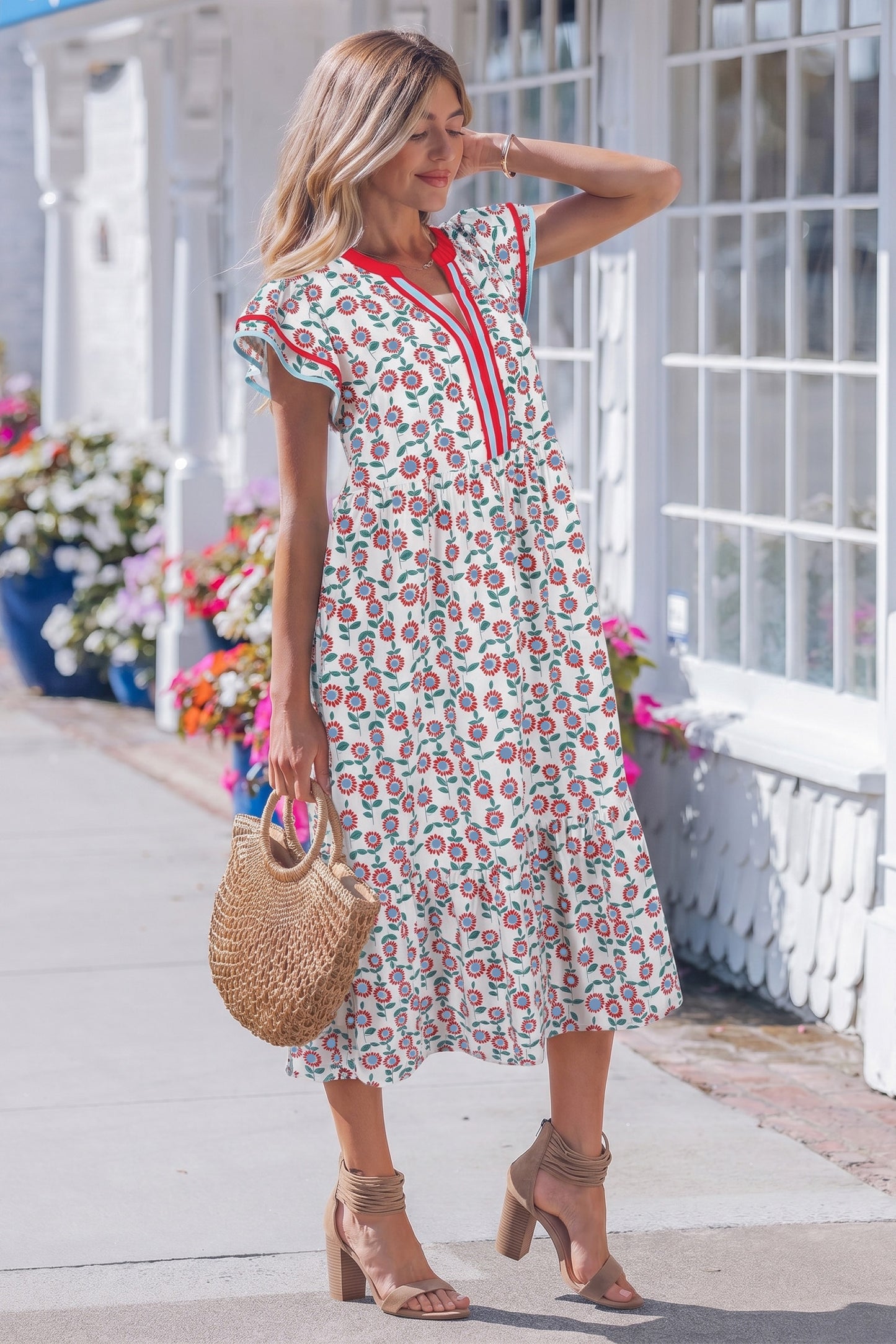 Sky Blue Cute Sunflower Printed Striped Patchwork Trim Flutter Sleeve Long Dress-Dresses/Floral Dresses-[Adult]-[Female]-2022 Online Blue Zone Planet