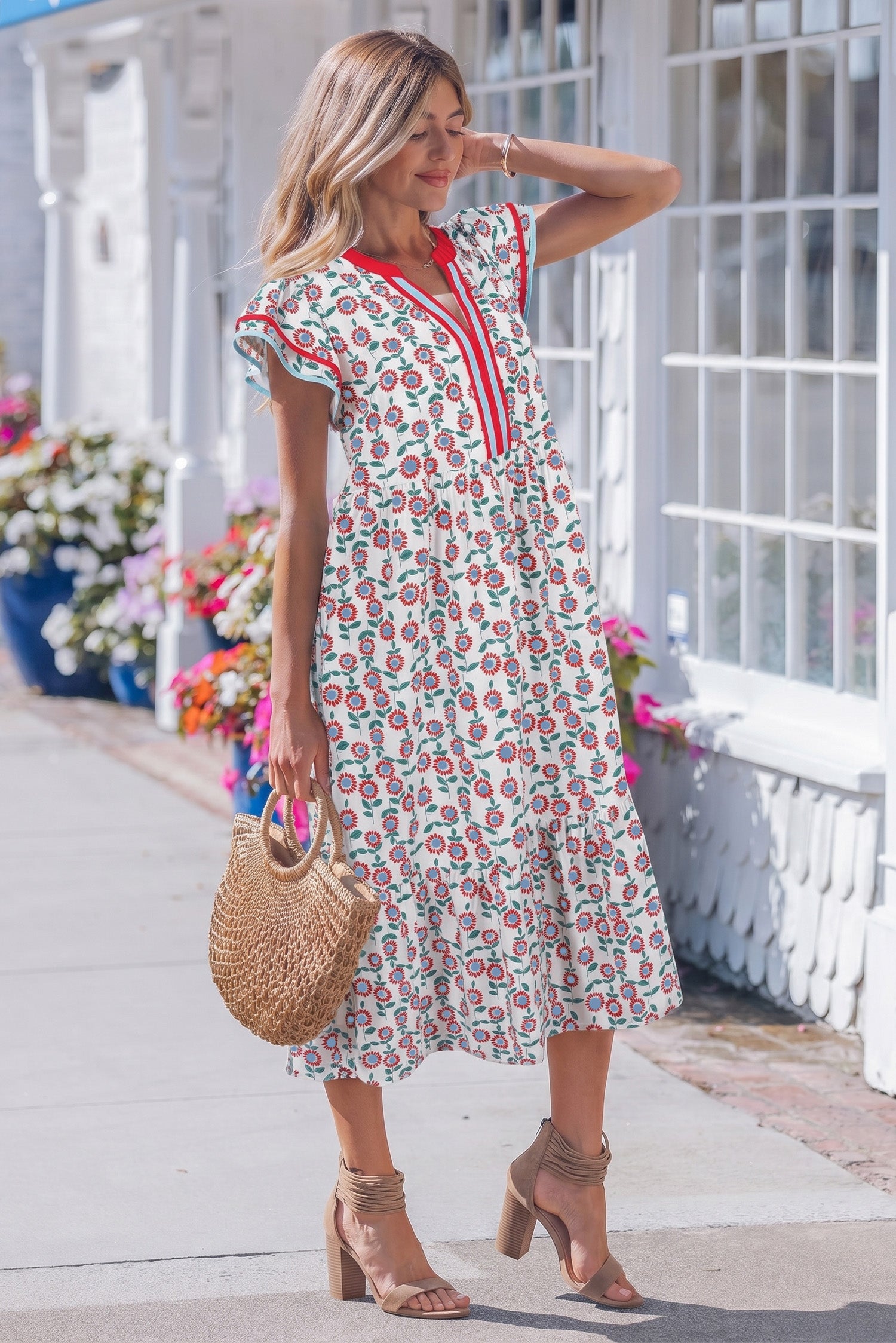 Sky Blue Cute Sunflower Printed Striped Patchwork Trim Flutter Sleeve Long Dress-Dresses/Floral Dresses-[Adult]-[Female]-2022 Online Blue Zone Planet
