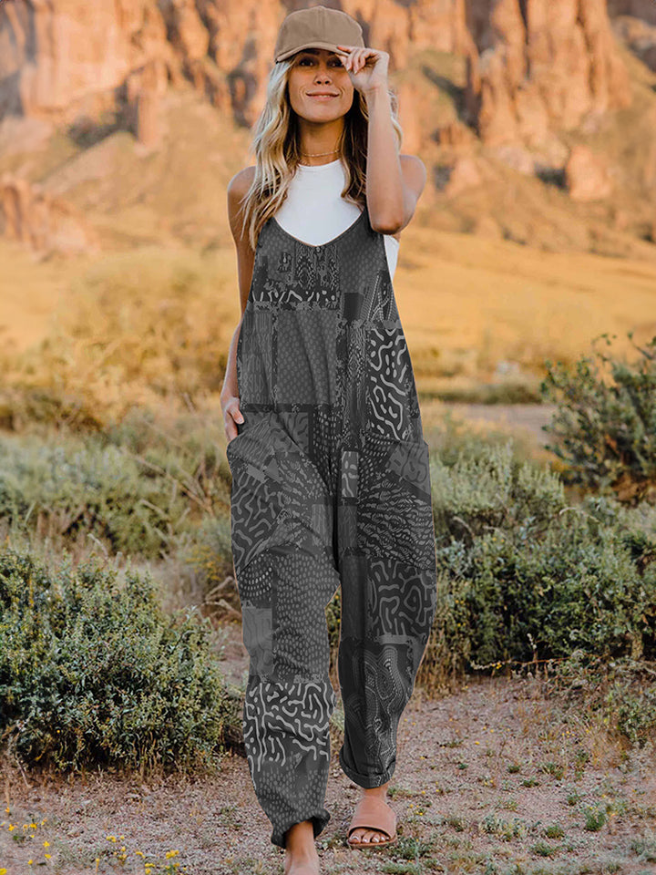 Full Size Printed V-Neck Sleeveless Jumpsuit-TOPS / DRESSES-[Adult]-[Female]-Dark Gray-S-2022 Online Blue Zone Planet