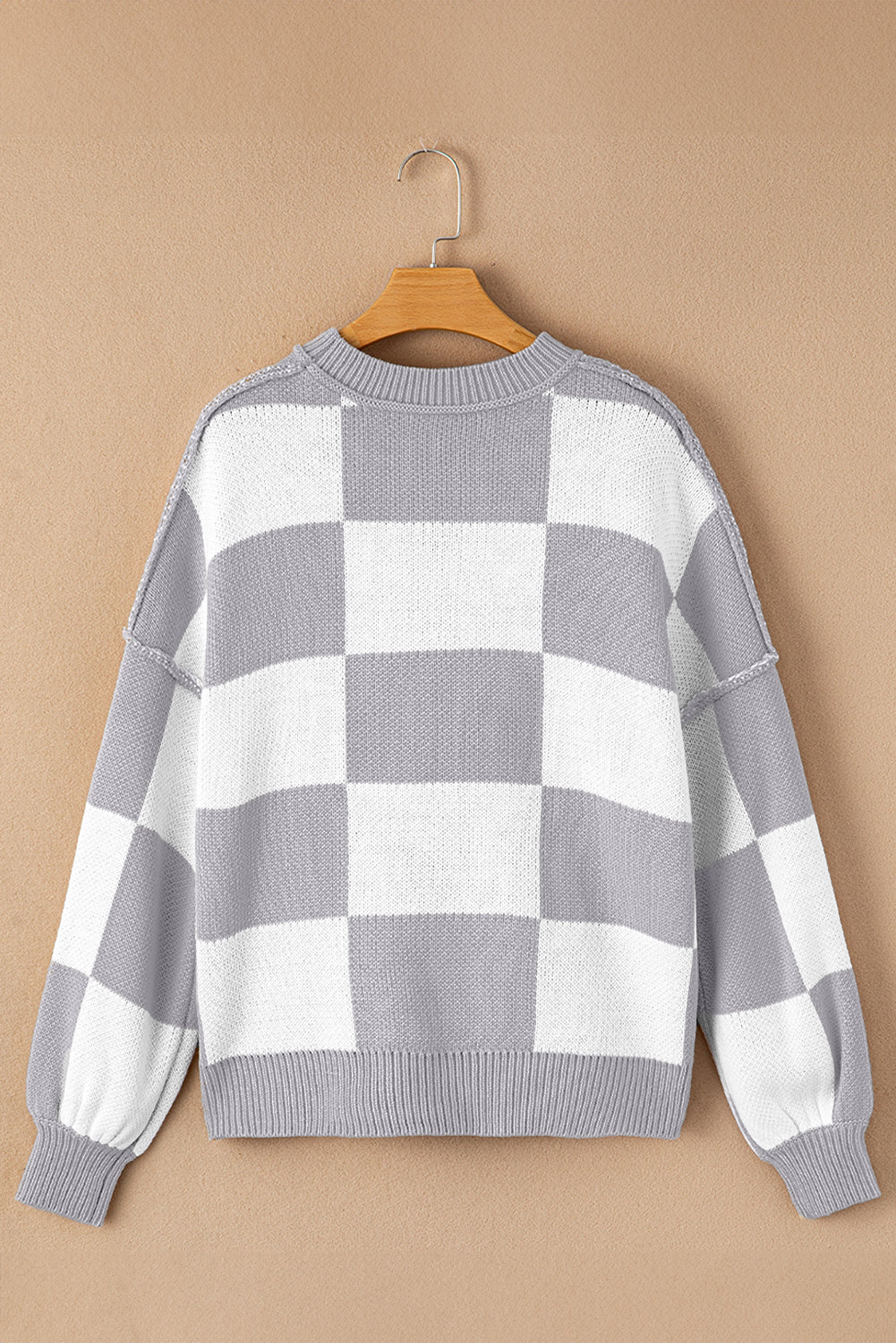 Blue Zone Planet | Pink Checked Bishop Sleeve Pullover Sweater-Sweaters-[Adult]-[Female]-2022 Online Blue Zone Planet