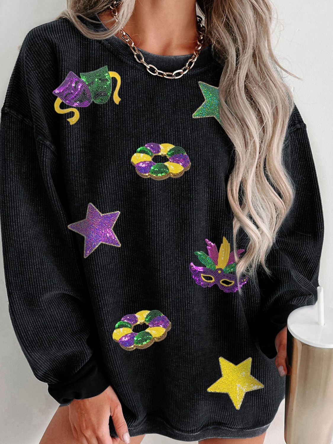 Sequin Round Neck Long Sleeve Sweatshirt-TOPS / DRESSES-[Adult]-[Female]-2022 Online Blue Zone Planet