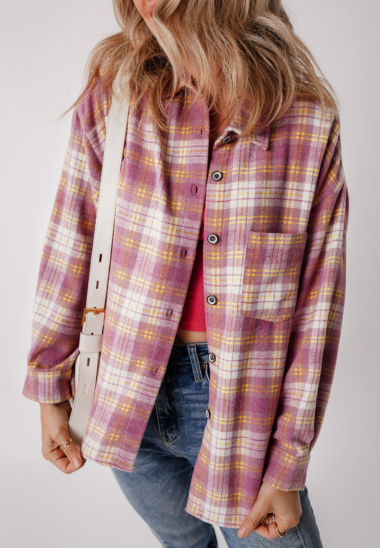 Plaid Collared Neck Button Up Shacket-TOPS / DRESSES-[Adult]-[Female]-2022 Online Blue Zone Planet