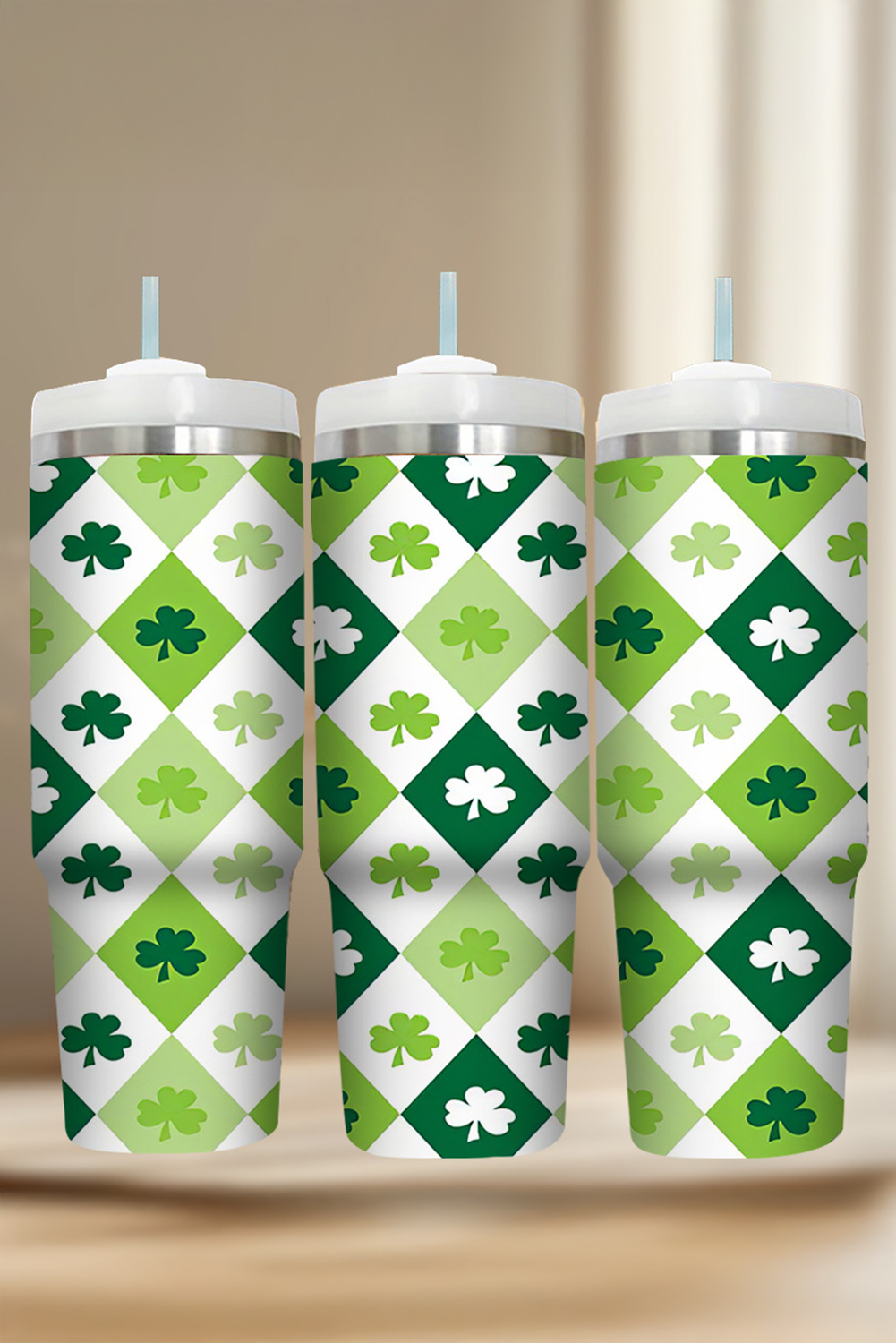 Green St Patricks Day Checkered Clover Tumbler Cup-Cups-[Adult]-[Female]-Green-ONE SIZE-2022 Online Blue Zone Planet