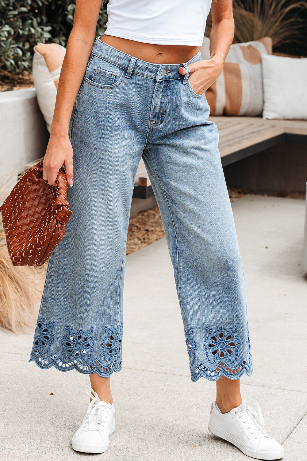 Dusk Blue Embroidered Cropped Wide Leg High Waist Jeans-Bottoms/Jeans-[Adult]-[Female]-2022 Online Blue Zone Planet