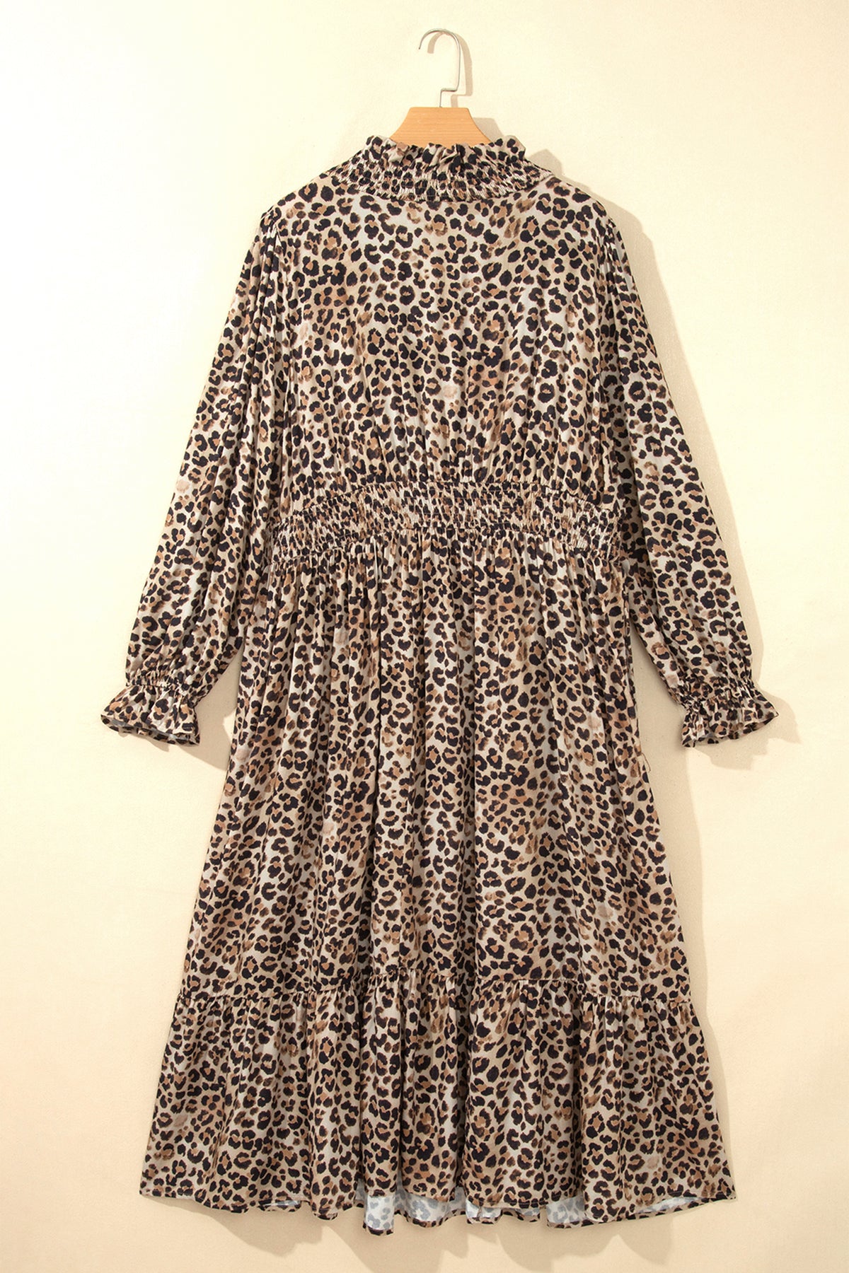 Brown Leopard Print V Neck Long Sleeve Gathered Waist Plus Size Dress-TOPS / DRESSES-[Adult]-[Female]-2022 Online Blue Zone Planet