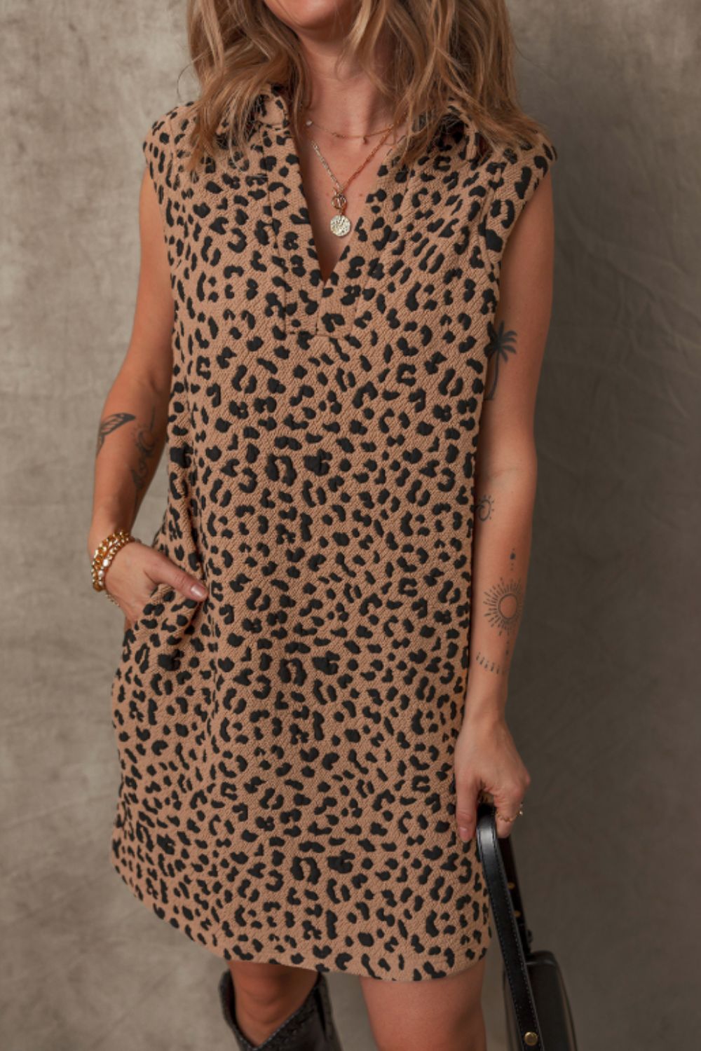 Leopard Johnny Collar Sleeveless Mini Dress-TOPS / DRESSES-[Adult]-[Female]-2022 Online Blue Zone Planet