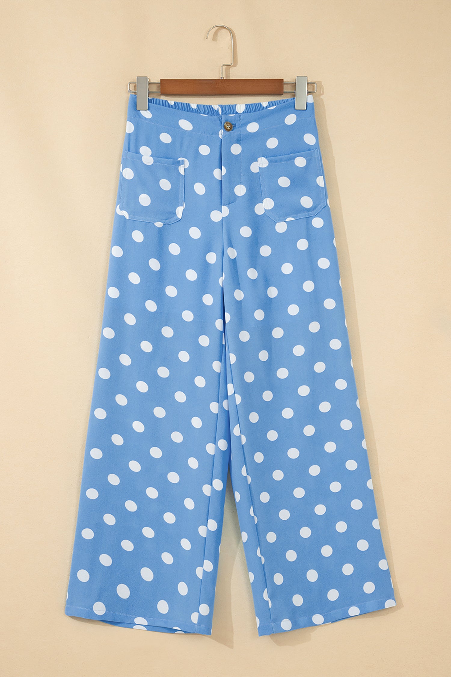 Sky Blue Polka Dot Print Patched Pocket Mid-rise Straight Leg Pants-Bottoms/Pants & Culotte-[Adult]-[Female]-2022 Online Blue Zone Planet