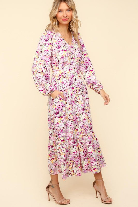 Haptics Full Size Floral V-Neck Long Sleeve Dress with Side Pockets-TOPS / DRESSES-[Adult]-[Female]-2022 Online Blue Zone Planet