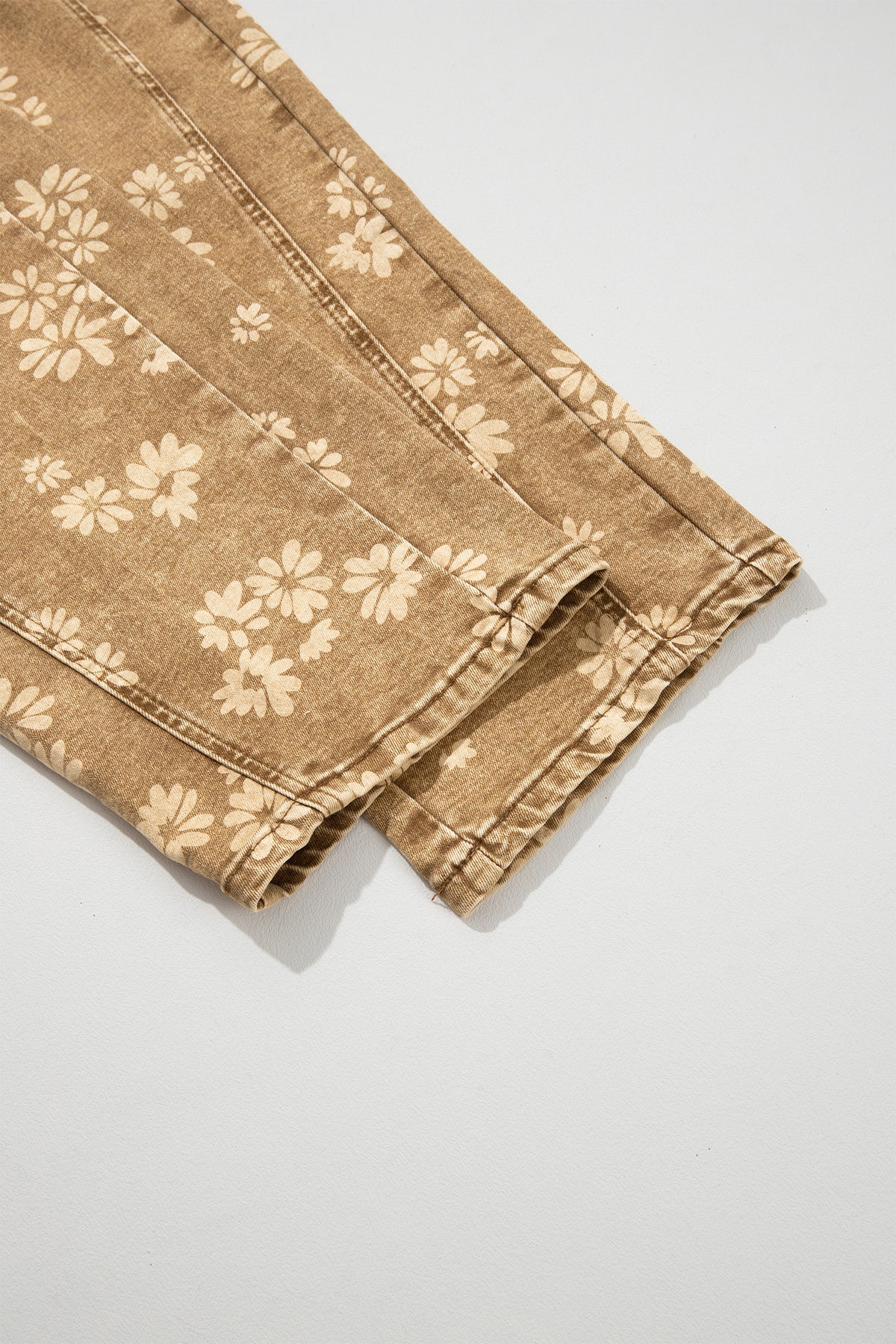 Khaki Floral Print Metal Button Pleated Straight Leg Jeans-Bottoms/Jeans-[Adult]-[Female]-2022 Online Blue Zone Planet