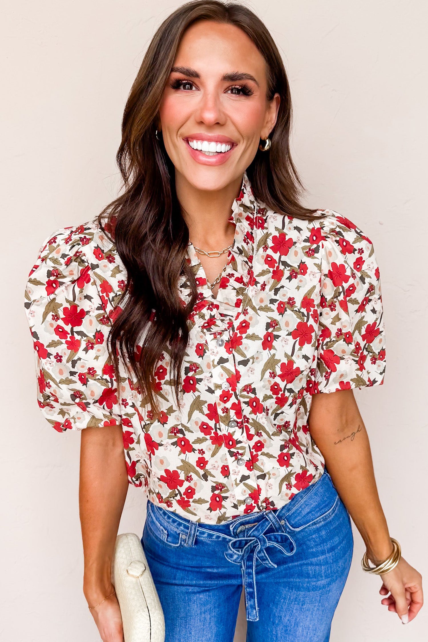 Red Floral Print Short Puff Sleeve Button Front Shirt-Tops/Blouses & Shirts-[Adult]-[Female]-2022 Online Blue Zone Planet