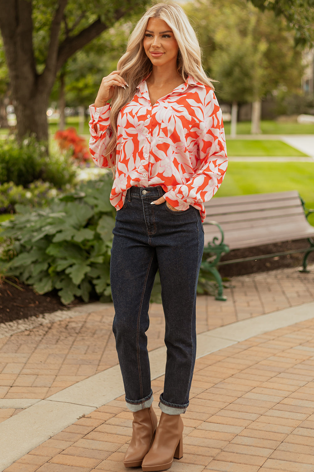 Orange Botanical Print Single Chest Pocket Button Up Shirt-Tops/Blouses & Shirts-[Adult]-[Female]-2022 Online Blue Zone Planet