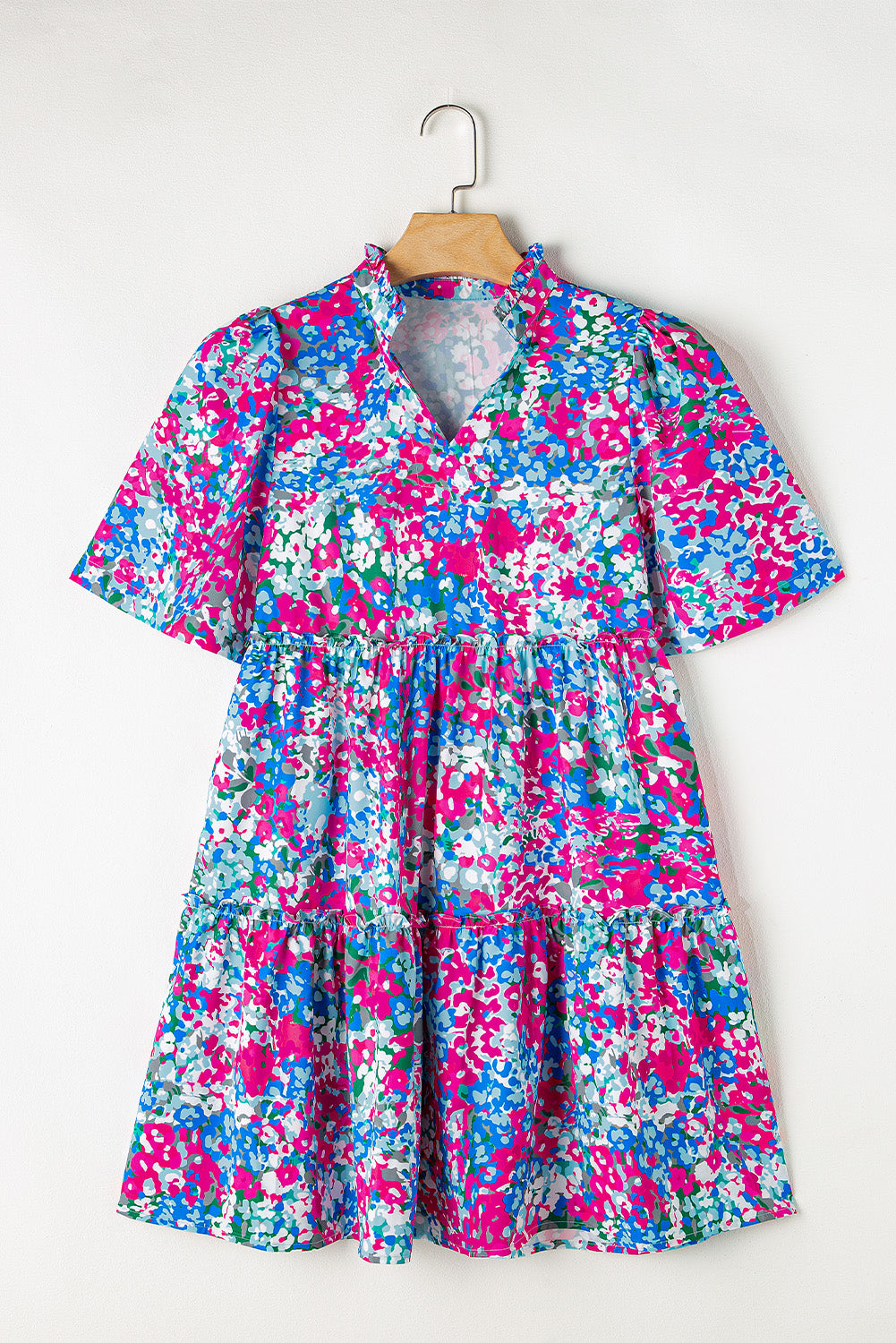 Frill Printed Short Sleeve Mini Dress-TOPS / DRESSES-[Adult]-[Female]-Hot Pink-S-2022 Online Blue Zone Planet