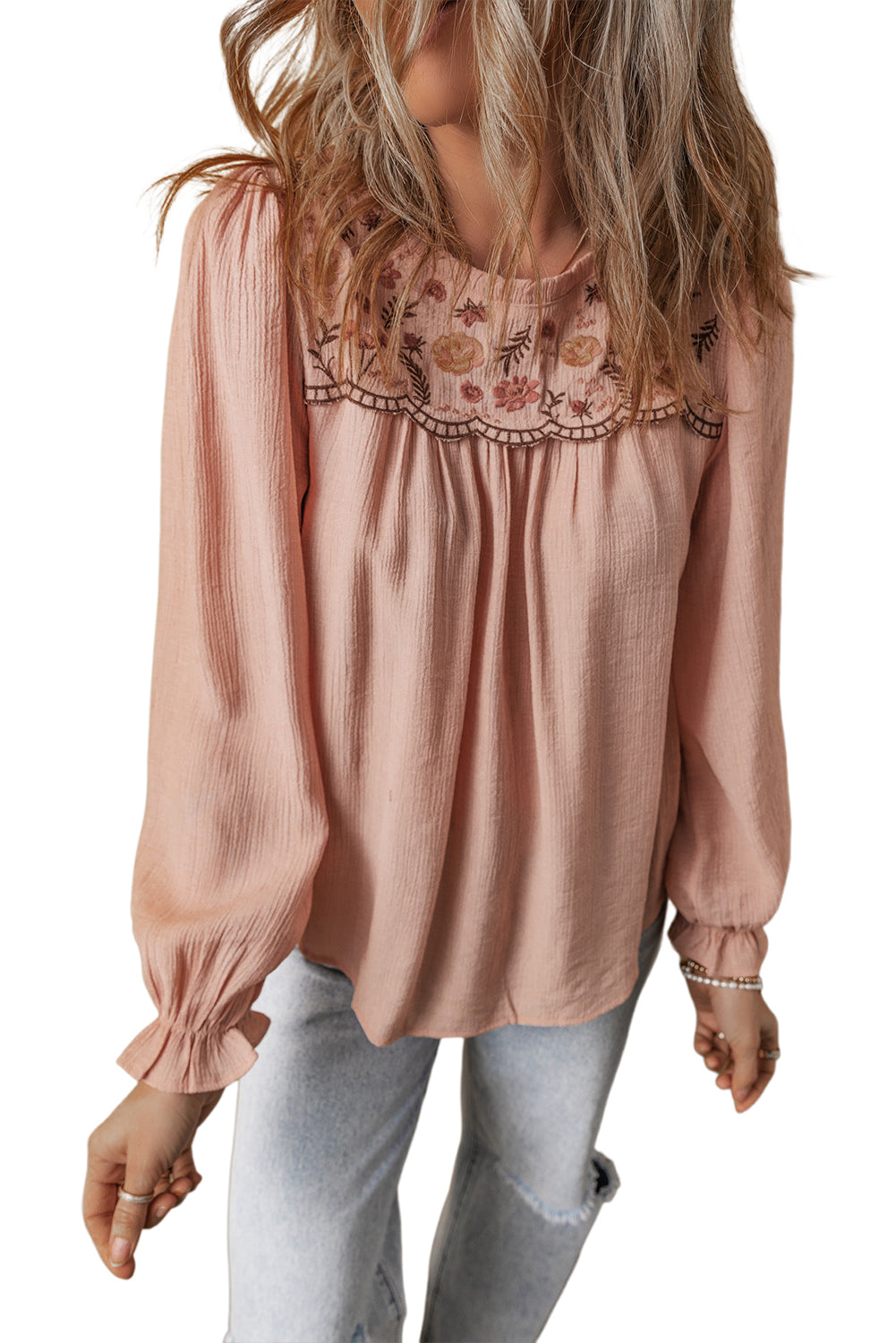 Blue Zone Planet | Gossamer Pink Floral Embroidered Crinkle Blouse-Blouses-[Adult]-[Female]-2022 Online Blue Zone Planet