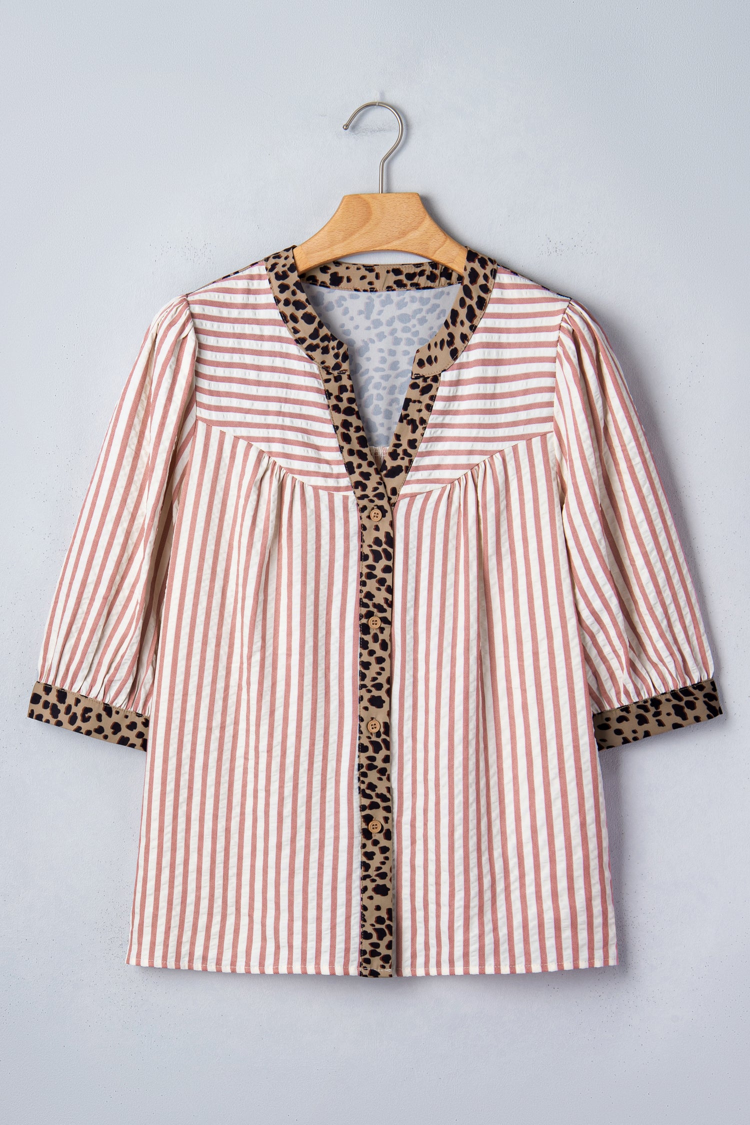 Pink Stripe Leopard Trim V Neck Button Down Half Sleeve Shirt-Tops/Blouses & Shirts-[Adult]-[Female]-2022 Online Blue Zone Planet