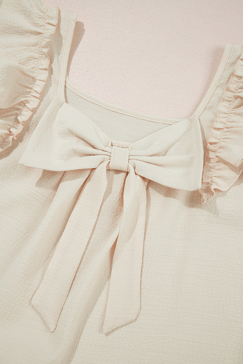 Beige Textured Bow Knot Frilled Butterfly Sleeve Blouse-Tops/Blouses & Shirts-[Adult]-[Female]-2022 Online Blue Zone Planet