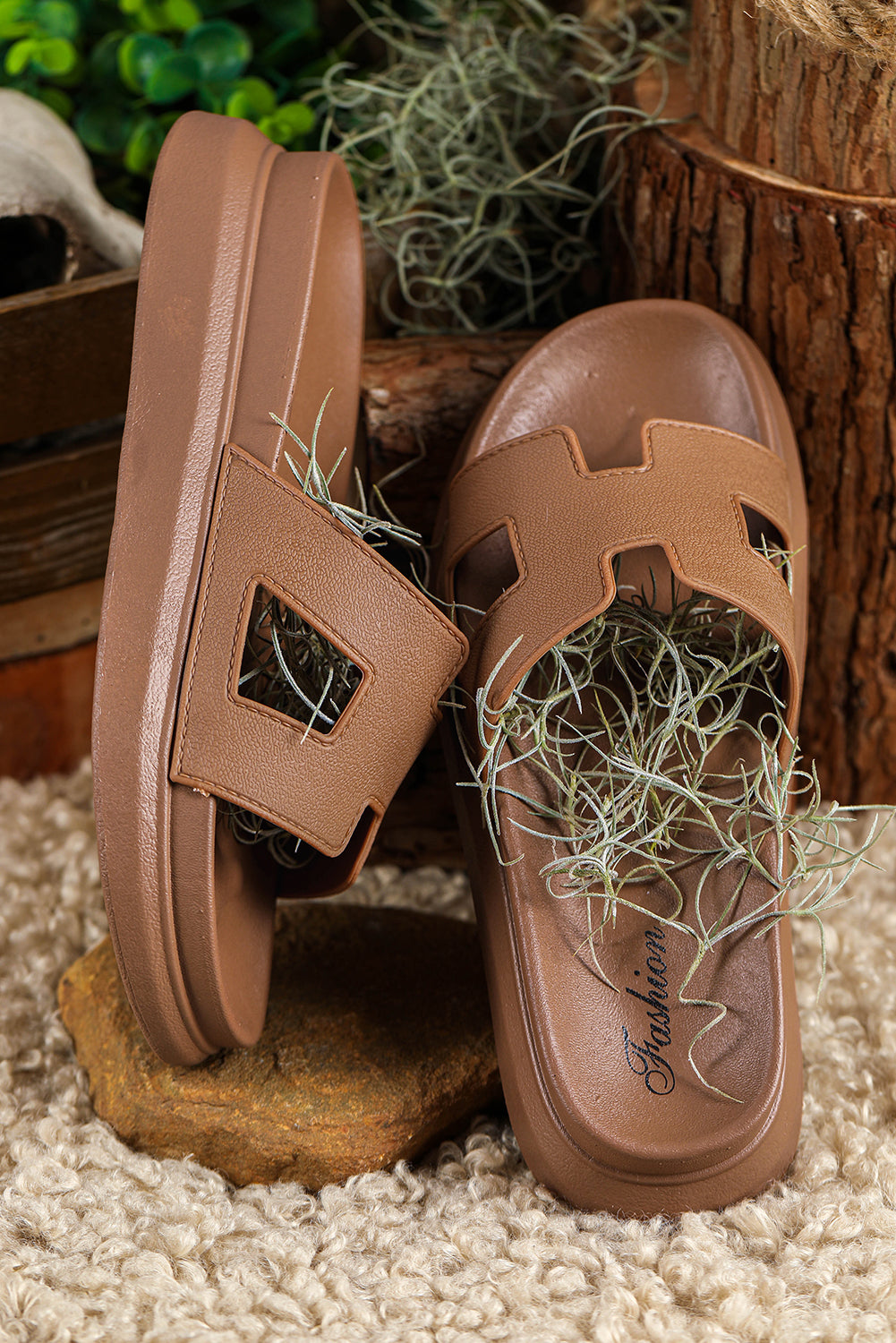 Chestnut Cutout Design Open Toe Platform Slippers (Run Small, Size Up)-Shoes & Bags/Slippers-[Adult]-[Female]-2022 Online Blue Zone Planet