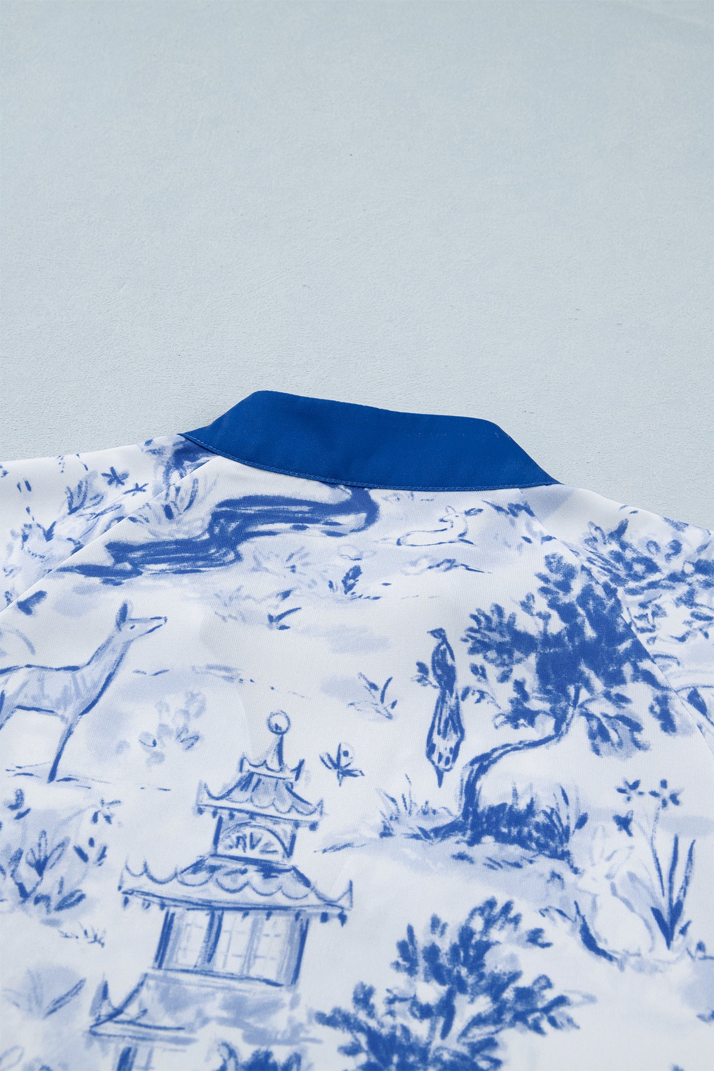 Blue Wild Animal Paradise Contrast V Neck Raglan Sleeve Blouse-Tops/Blouses & Shirts-[Adult]-[Female]-2022 Online Blue Zone Planet
