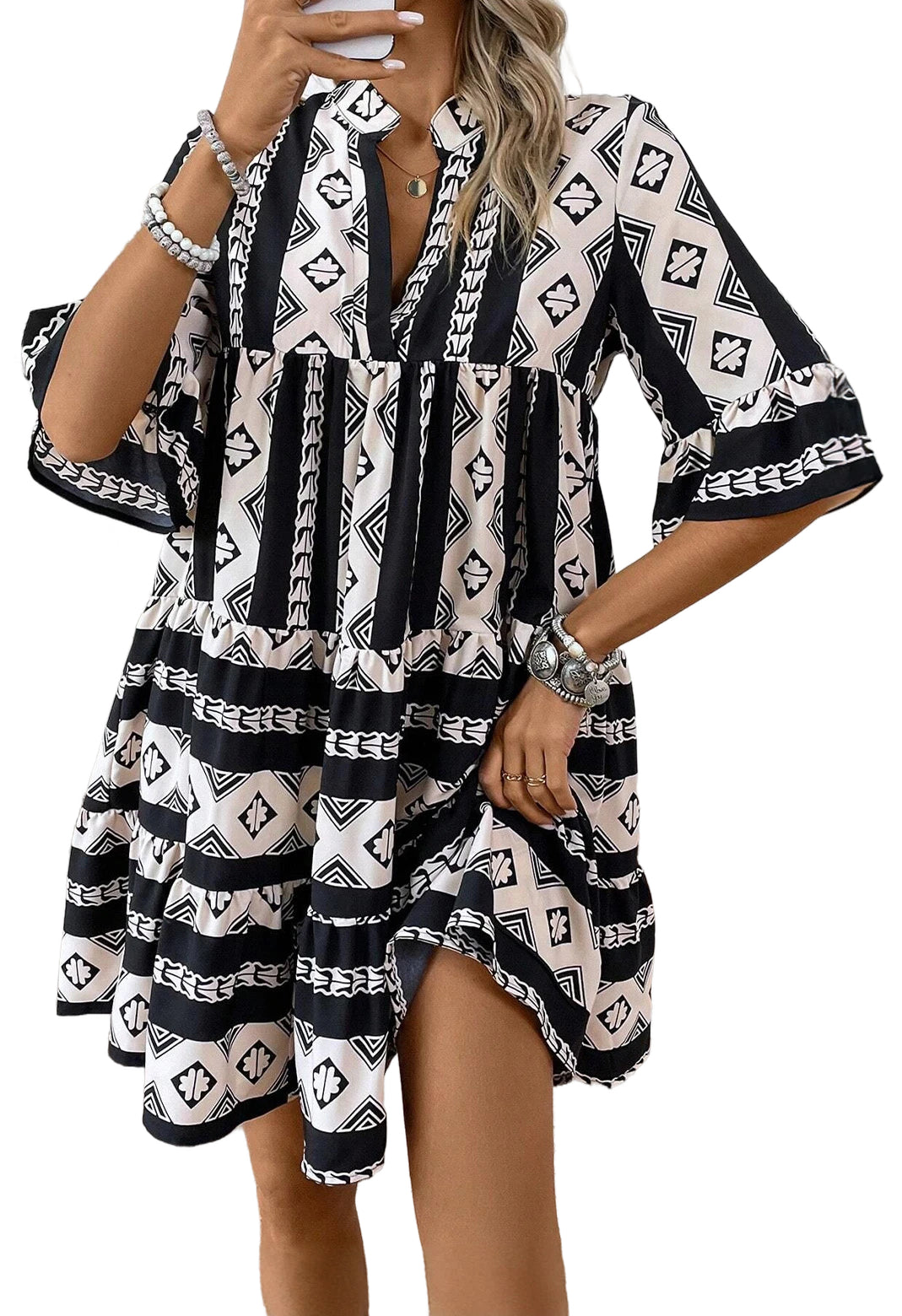 Blue Zone Planet | Black Geometric Print V Neck Ruffled Dress-TOPS / DRESSES-[Adult]-[Female]-2022 Online Blue Zone Planet