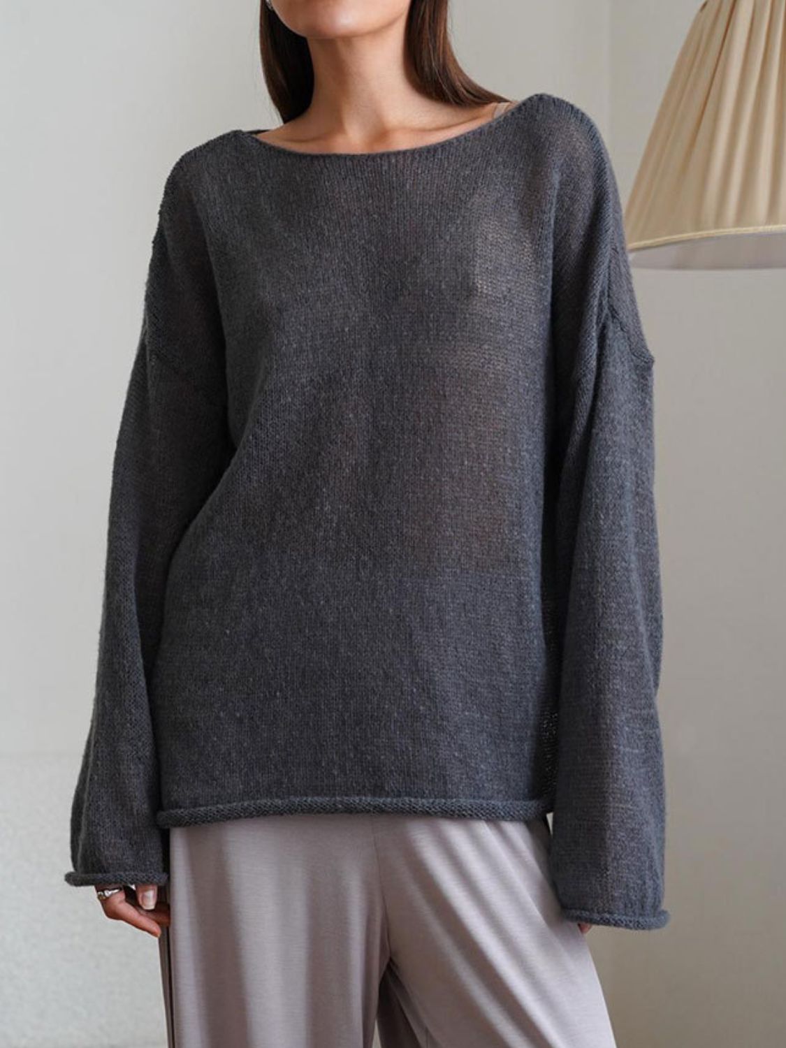 Boat Neck Long Sleeve Knit Cover Up-TOPS / DRESSES-[Adult]-[Female]-Dark Gray-S-2022 Online Blue Zone Planet