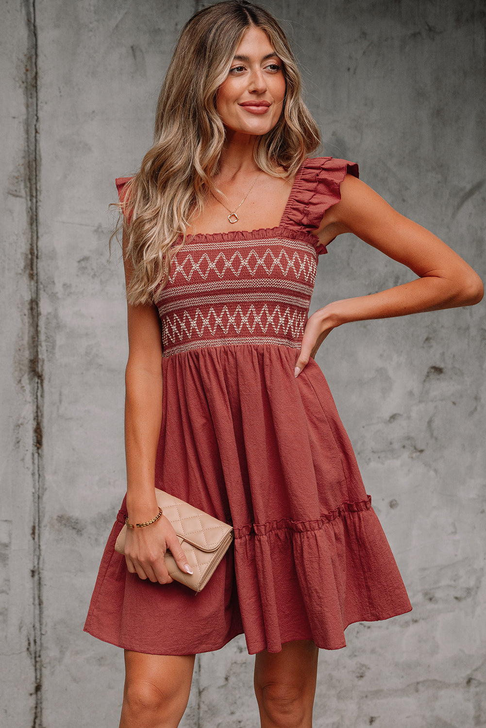 Red Sandalwood Geometric Stitch Shirred Bodice Ruffled Trim Sleeveless Mini Dress-TOPS / DRESSES-[Adult]-[Female]-2022 Online Blue Zone Planet
